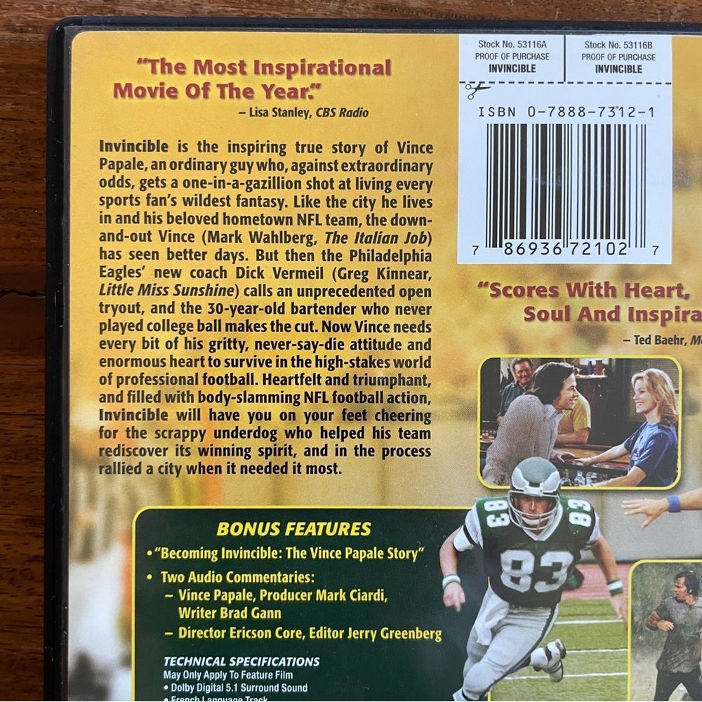 Invincible DVD Movie 2006 Like New Condition True Story Mark Wahlberg - Picture 4 of 6